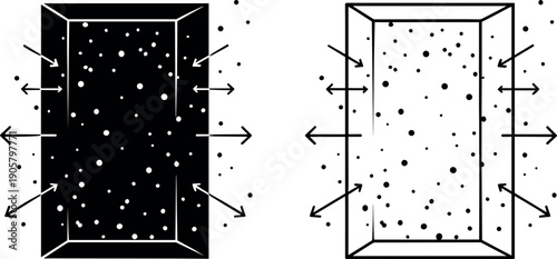 Rectangular window or portal frame showing airflow movement with arrows and floating particles