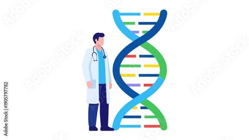 Scientific Analysis: A medical professional, with stethoscope, looks closely at a brightly colored DNA helix structure, with the implication of healthcare advancement.