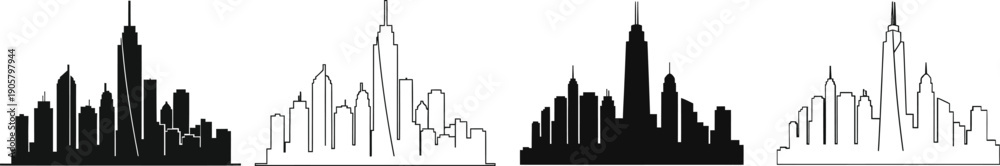 Fototapeta premium A stylized city skyline with abstract buildings and musical notes