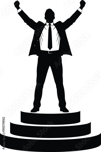A triumphant figure stands confidently on a three-tiered pedestal with arms raised in victory in silhouette