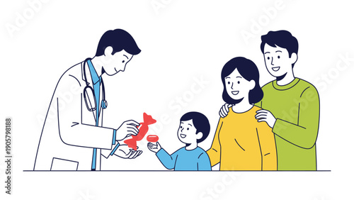 Friendly Doctor's Visit: A caring medical professional cheerfully presents a gift to a young patient in the presence of the child's parents, symbolizing healthcare support and family wellness.