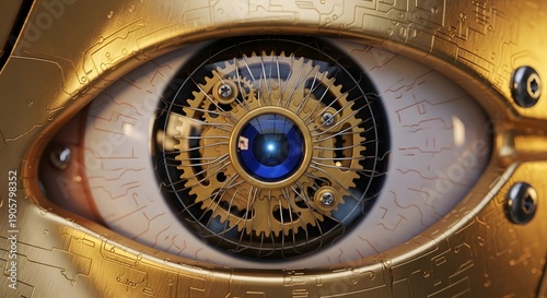 A futuristic robotic eye with intricate mechanical details and golden accents