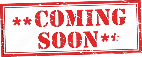 A bold and eye-catching red and white stamp-style graphic announcing an upcoming event or release