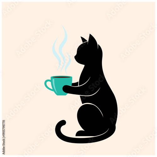 Minimalist black cat silhouette holding a steaming cup of coffee or tea on a cream background