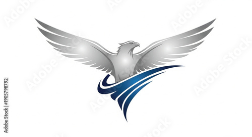 Powerful silver eagle logo vector illustration featuring a metallic bird with spread wings rising from an abstract blue swoosh. This glossy design symbolizes vision, speed, and leadership. 