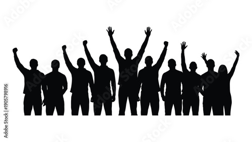 A group of people standing together with their arms raised in celebration. Vector