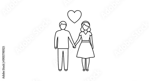 Vector illustration of a man and woman couple in love holding a heart symbol as a romantic wedding card design with hand drawn people icons and cartoon art silhouettes
