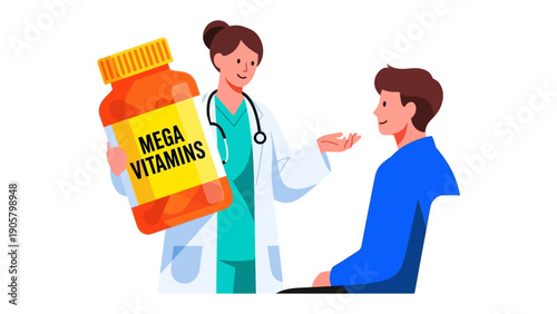 Mega Vitamins Consultation: A caring doctor discusses the benefits of mega vitamins with a patient, focusing on health and well-being.