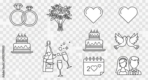 Hand drawn vector collection featuring a vintage wedding icon set and decorative elements like a cake and gift in a doodle sketch illustration design