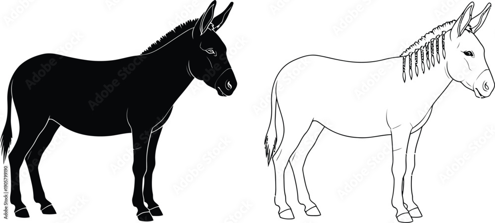 Fototapeta premium A detailed illustration of a donkey and a horse standing side by side