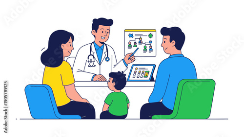 Consultation: Doctor consulting a family and child, examining their health and well-being in a clinic setting. 