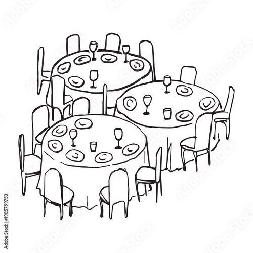 Hand drawn banquet tables with long tablecloths and empty chairs illustrated in clean black ink line art style, elegant dining setup isolated on white background.