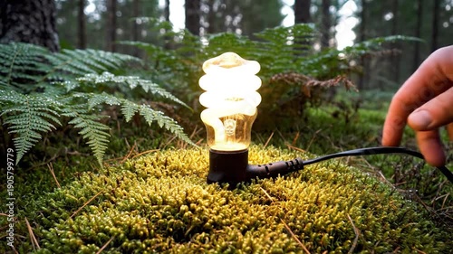 A hand plugs in a light bulb on a mossy forest floor