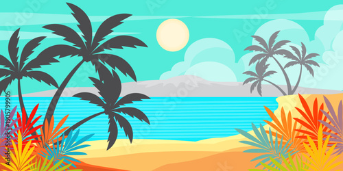silhouette of coconut tree in flat style. illustration of palm tree in flat style. summer background. summer theme scenery
