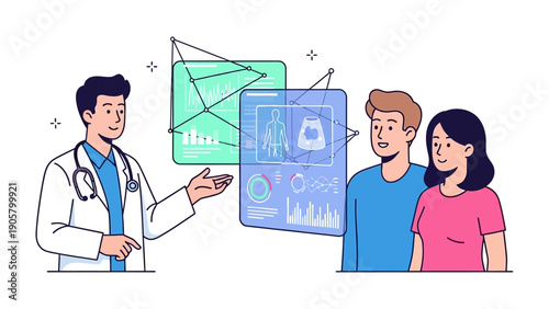 Doctor's Diagnosis: A medical professional consults with a couple, surrounded by futuristic displays showing medical scans and data.