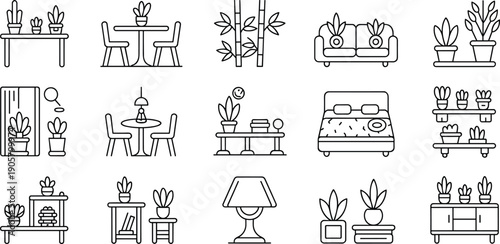 Collection of minimalist black line art icons featuring modern furniture house plants and home decor items isolated on white background for interior design projects