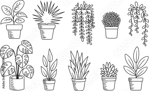 Collection of minimalist black line art icons featuring various indoor houseplants in pots isolated on white background for home gardening and interior decor design