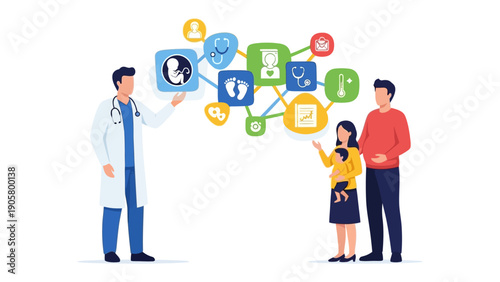 Medical Consultation: A healthcare professional guides a family through an interconnected network of medical insights and information