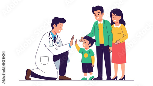 Healthcare Harmony: A supportive doctor celebrates a child's health and wellness journey with high five, while family looks on with pride and relief.