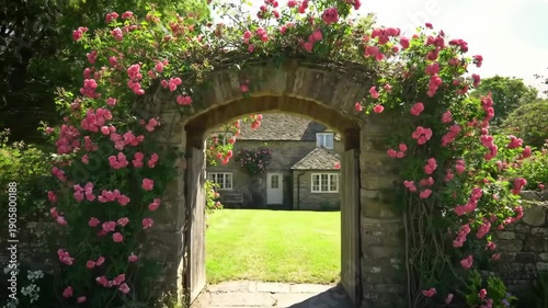 Stone archway frame blooming roses leading to building exterior