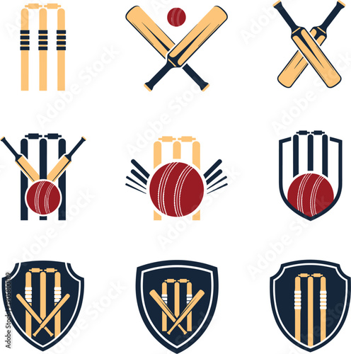 Cricket sports logo set featuring crossed bats wickets and ball emblems with shield badges for team branding and tournament trophies isolated on white background.
