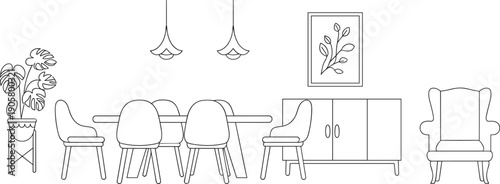 Minimalist black line art illustration of a modern dining room interior with table chairs sideboard armchair and hanging lamps isolated on white background