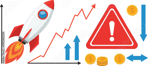 Business Growth and Financial Risk Concept Vector with Rocket Launch, Stock Market Chart, and Warning Sign