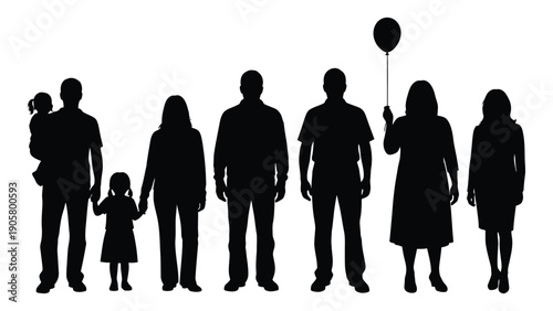 Silhouettes of diverse family members standing together in a line Vector