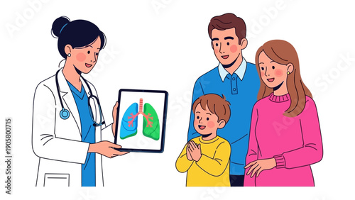 Health Discussion with Family: A healthcare provider explains lung health to a family, emphasizing preventative care and shared well-being.