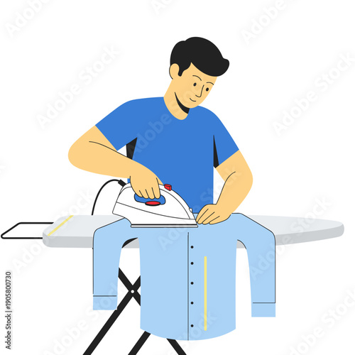 Man ironing a blue shirt on ironing board with an iron  