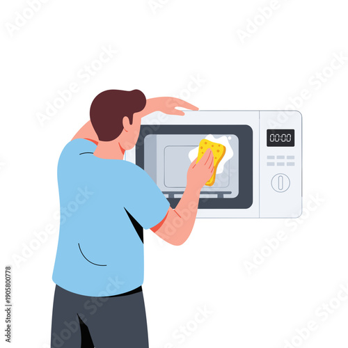 Man cleaning microwave interior with sponge in modern kitchen  