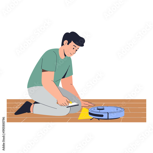 Man cleaning floor with robot vacuum while kneeling on wooden surface  