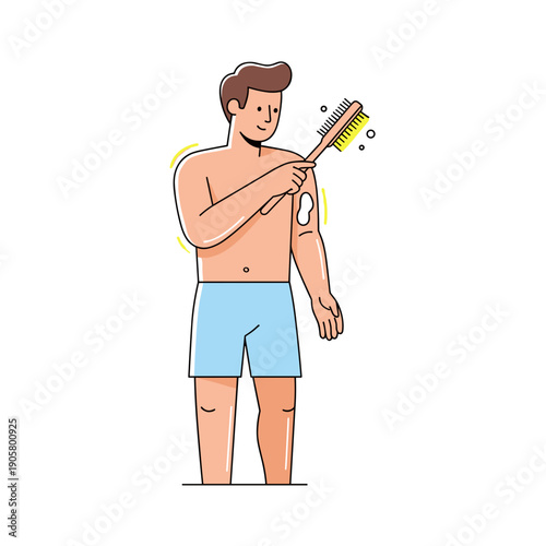 Man brushing skin with dry brush for exfoliation at home  
