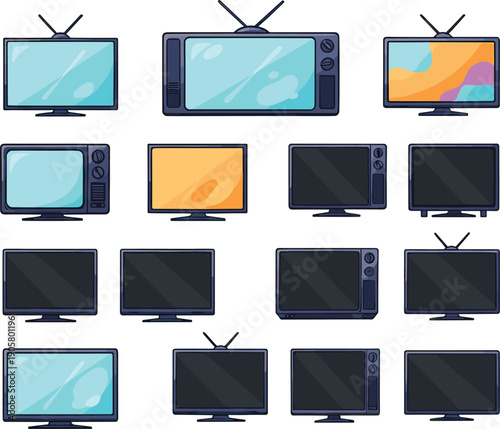 : Vector illustrations of various modern and retro television sets for media technology and entertainment concepts।