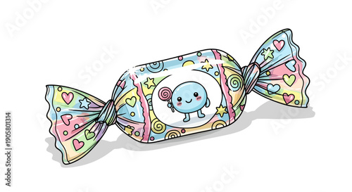 Cartoon candy wrapper with cute monster character and colorful decorations for children