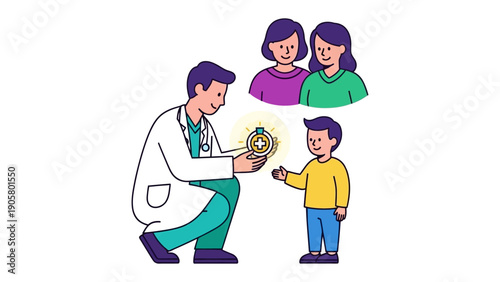 Obraz na płótnie Healing in the Doctor's Care: a caring doctor presents a healthy patient with a shining heart symbol, with parents looking on