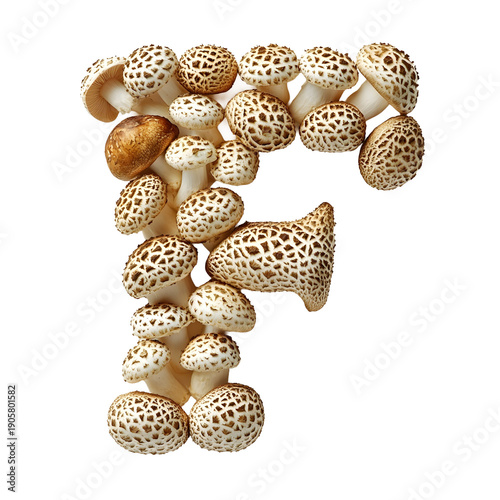 Top view of a letter F made of button mushrooms isolated on a white background