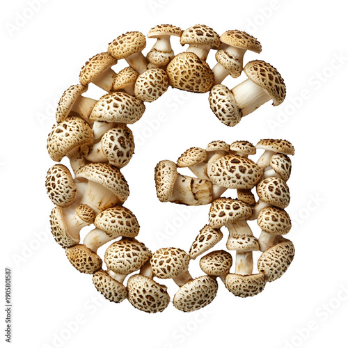 Top view of a letter G made of button mushrooms isolated on a white background