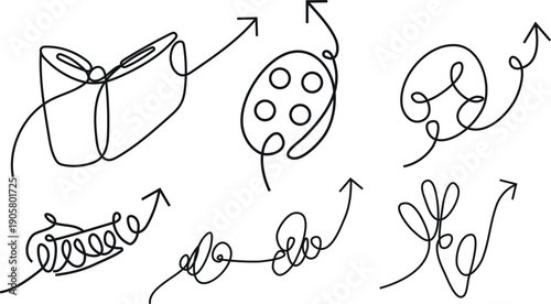 set of icons drawn in line art style that form various objects representing various hobbies, for diagrams, navigation, presentations or creative design