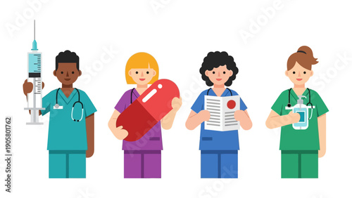 Medical Professionals with Tools: A quartet of medical professionals, each holding essential tools of their trade: a syringe, a large capsule, medical documents, and an IV bag.