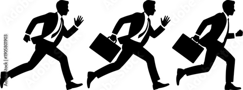 Business Professionals Running Silhouette Set with Briefcases Representing Career Growth Competition and Fast Paced Corporate Success