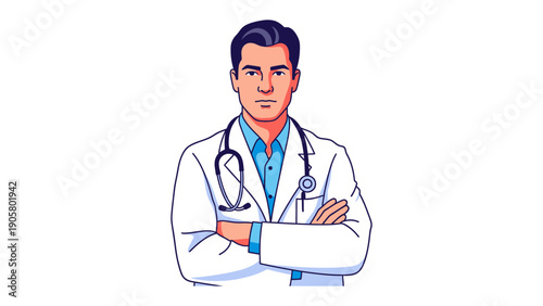 Confident Doctor Portrait: A determined doctor stands with folded arms, exuding professionalism and care. He is ready to provide help, guidance, and assistance.