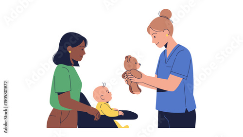 Caring Hands: A nurturing caregiver offers a soft teddy bear to a baby, with the supportive presence of the infant's mother, symbolizing love and care