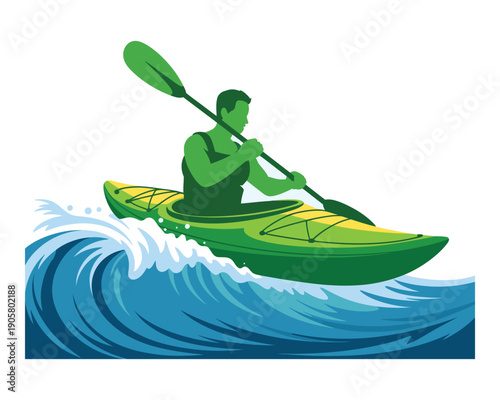 Man paddling kayak on blue ocean waves during extreme water sport adventure isolated vector illustration for sea travel and outdoor activity promotion