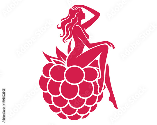 Raspberry pinup girl silhouette vector illustration sexy woman sitting on large berry fruit provocative silhouette graphic design