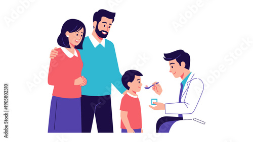 Healthy Checkup: a scene of family visit doctor. Doctor giving medicine to the boy with family