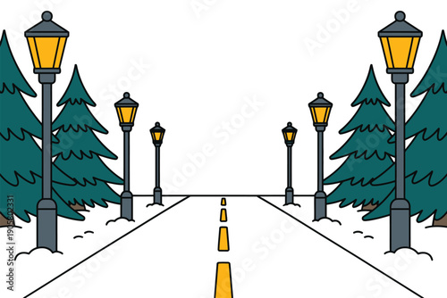 Streetlamp illustration on snowy road with pine trees in winter
