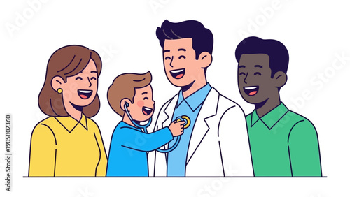 Healthcare Harmony: A heartwarming depiction of a family interacting with a doctor, the child playfully using a stethoscope to listen to the doctor's heartbeat, promoting trust, empathy, and care. 