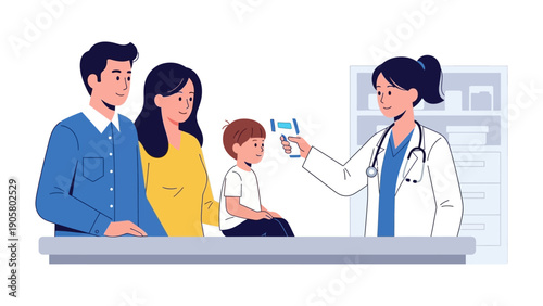 Family's Health Check: A caring doctor uses a digital thermometer to check a child's temperature, as the parents offer support. Reflecting the importance of health and family.