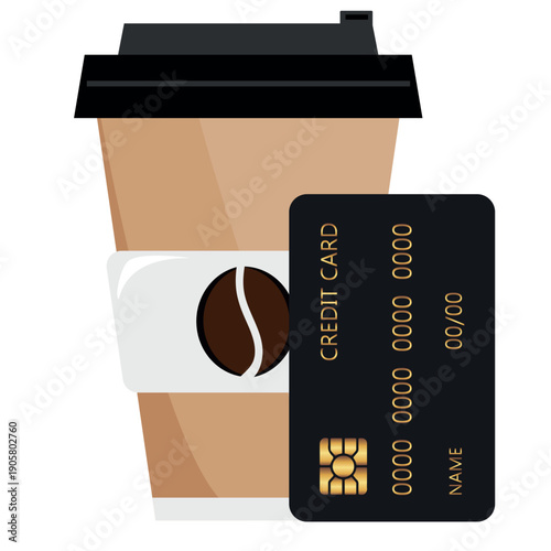 icon of a coffee cup with a bank credit card on the side, meaning paying for a product with a bank card, for stickers, social media or other designs